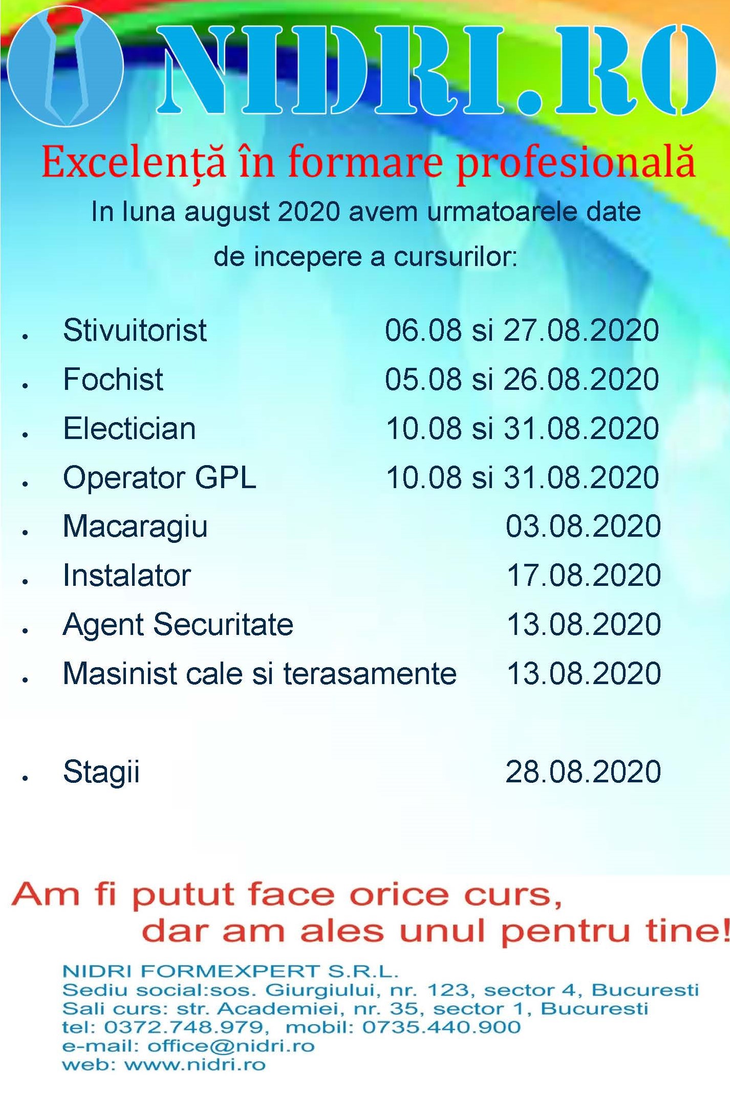 Sesiune noua de cursuri in august 2020